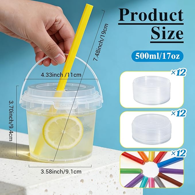 ASEVAT 12 Pack 17oz Clear Plastic Drink Buckets with Dual-Lid System, Reusable 0.5L Cups with Lids and Straws, Leakproof Bucket Cups for Boba Bubble Tea, Smoothies, Iced Coffee