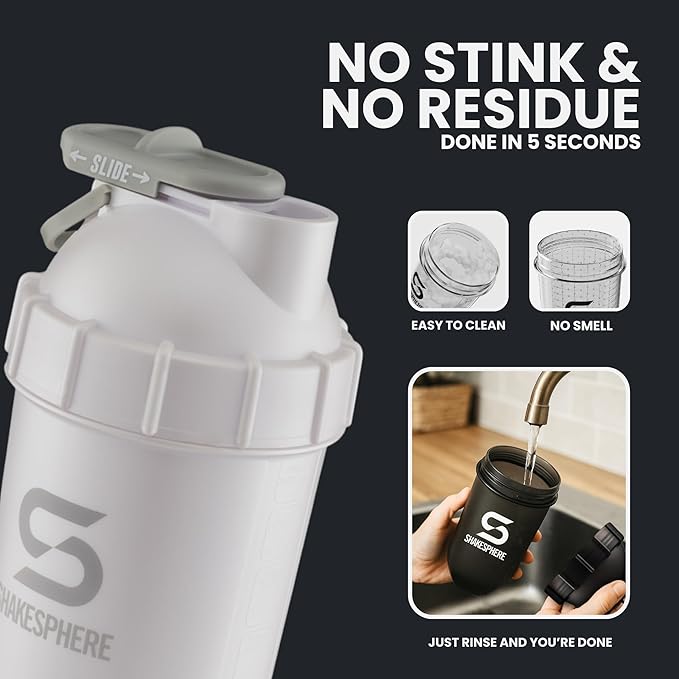 SHAKESPHERE Shaker Bottle - 24oz Leak Proof Protein Shaker Bottle for Pre Workout, Smoothie, and Powder Drink Mixes, No-Blade Mixer for Gym, BPA-Free, Easy Clean & Easy to Carry (Pearl White)
