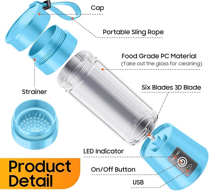 Portable Blender for Smoothies & Shakes - Cordless Personal Size Mini Blender with BAP Free Juice Cup, USB Rechargeable Suit for Sports/Picnic