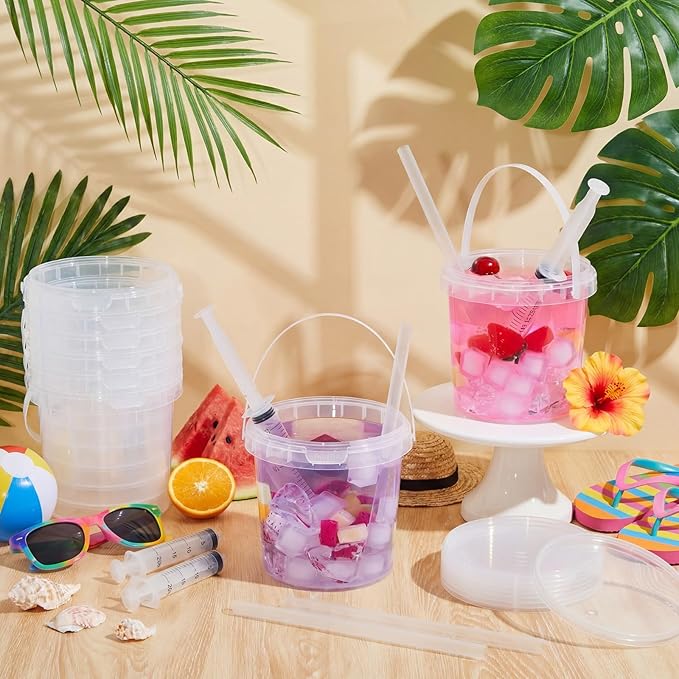 Willinglong 20 Set 50oz Clear Plastic Drink Buckets Rum Buckets for Drink with Straws, Lids and Beverage Syringes Reusable Iced Coffee Cups for Rum Wine Beer Cocktail Beverage Lemonades