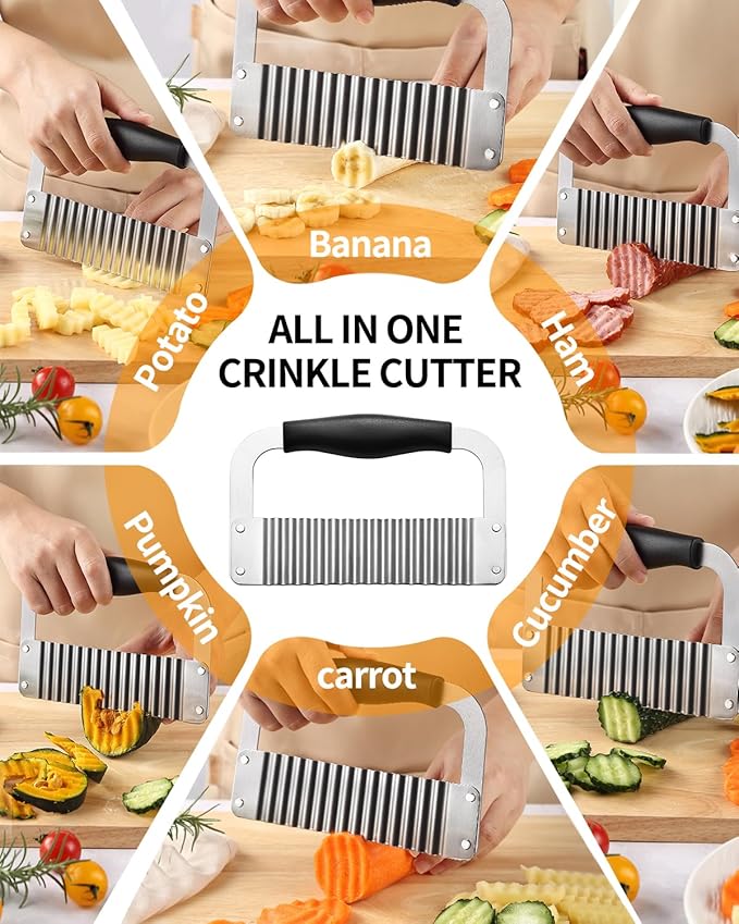 Crinkle Cutter Stainless Steel Potato Slicer Heavy Duty Wavy Crinkle Cutting Chopping Tools with Comfortable Handle for Carrot Veggies (2, Black)