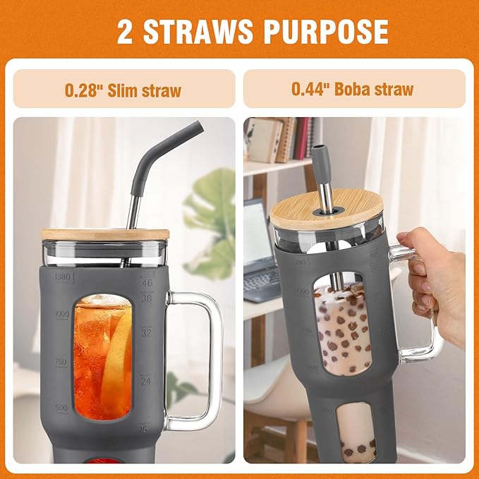 WINSA Glass Tumbler with Lid and Straw, 46 oz Iced Coffee Cup with Handle, Large Water Bottles with Silicone Sleeve, Glass Cup with Straws - Pearl Straw & Drinking Straw BPA Free-Grey