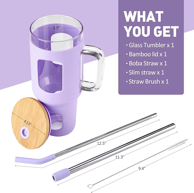 WINSA Glass Tumbler with Straw and Lid, 40 oz glass cup with handle, Glass Water Bottles with Time Marker, Silicone Protective Sleeve-Purple