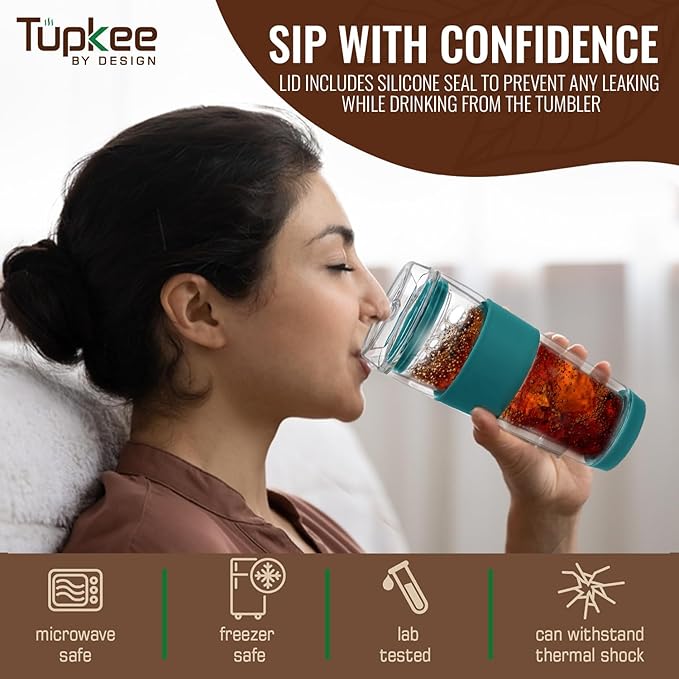 Tupkee Glass Sip Lid Cyan - Replacement for Double Wall Tumbler, 14oz & 8oz Hand Blown Travel Mug