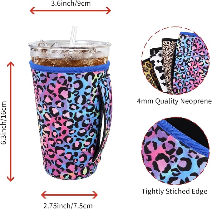 4Pack Reusable Iced Coffee Sleeve Insulator Sleeves for Cold Drinks Beverages, Neoprene Cup Holder for Most Coffee, Fits 30-32oz Large Cups (Animal Pattern With Handle)