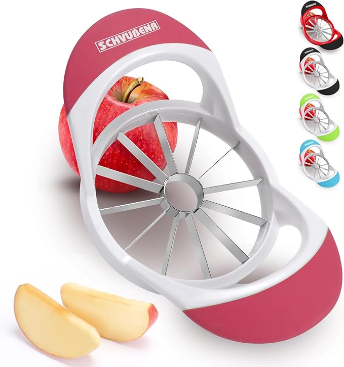 SCHVUBENR 12-Blade Apple Slicer and Corer - 4.72 Inch Sharp Stainless Steel Apple Cutter - Professional Apple Divider Tool for Quick Slices - Easy to Use & Clean - Slice Fruits with Ease - Pink