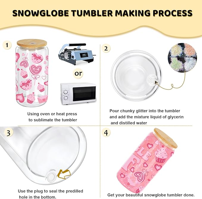 16 Oz Snow Globe Tumbler, 8 Pack Pre-Drilled Sublimation Glass Cup For Glitter Snow Globe Diy, Double Wall Sublimation Glass Tumbler