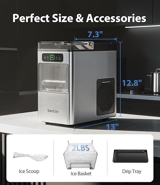 Nugget Ice Maker 40lbs/Day, Countertop Ice Maker Soft Chewable Ice, Ice Makers One-Click & Self-Cleaning, Crushed Pellet Ice Machine with Scoop&Basket for Home/Kitchen/Office, Stainless Silver