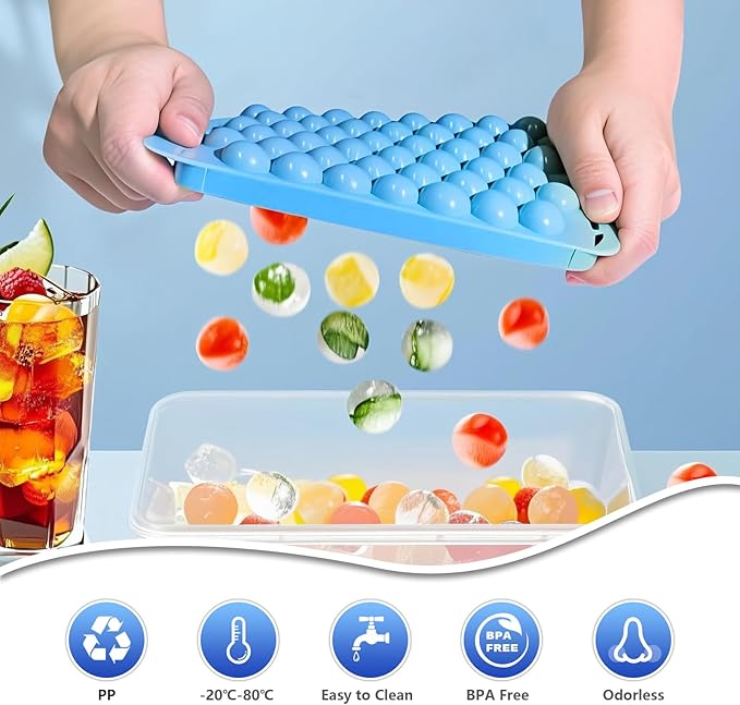 2 Pack Ice Cube Tray with Lid and Bin,Round Ice Cube Trays for Freezer, BPA-Free Circle Mini Ice Maker for Whiskey Cocktail Soda,Home & Bar Use