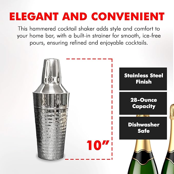 Chef Craft Hammered Cocktail Shaker, 28 Ounce Fluid Volume Capacity, Stainless Steel