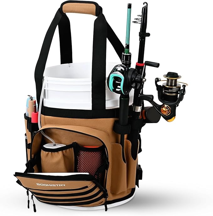 Boomistry Fishing Bucket Organizer for 5 Gallon Bucket Accessories, Fishing Tackle Bag with Adjustable Buckle, Fishing Rod Bag with 15 Multi-Pockets for Fishing Gear and Equipment (Khaki)
