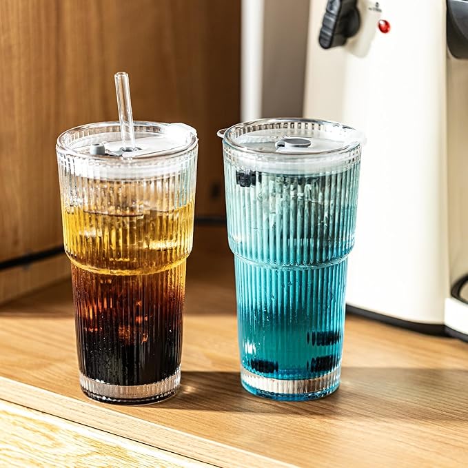 Ribbed Drinking Glasses ,with Lids and Glass Straws Glass Cup,19oz Glass cup,6 Pack Old Fashioned Glasses,Thickened glass for iced coffees,cocktails and juices, perfect for families and parties (2)