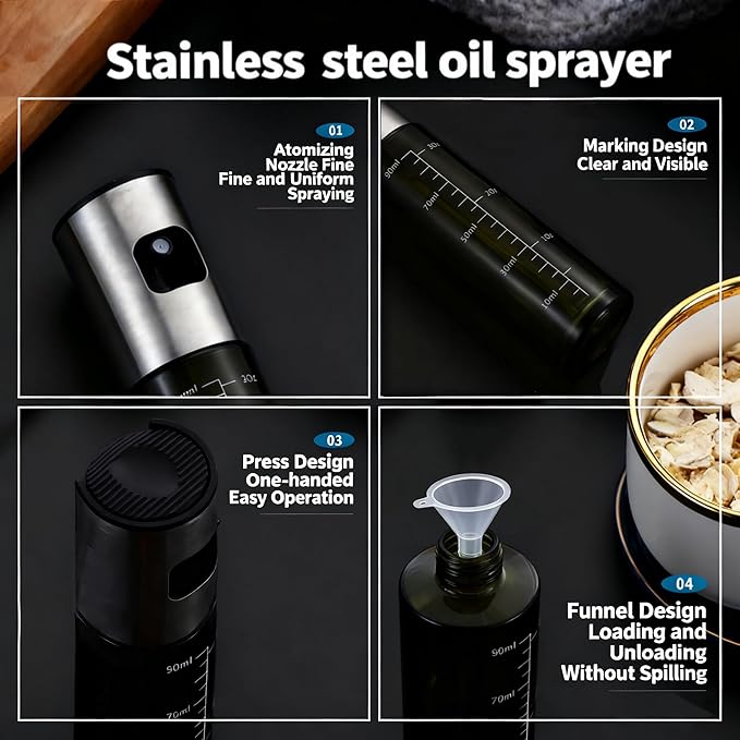 Oil Sprayer for Cooking - Olive & Avocado Oil Spray Bottle, 100ml Food Grade Glass Mister with Adjustable Nozzle for Kitchen Gadgets, Air Fryer, Salad, Frying, BBQ （1PCS）