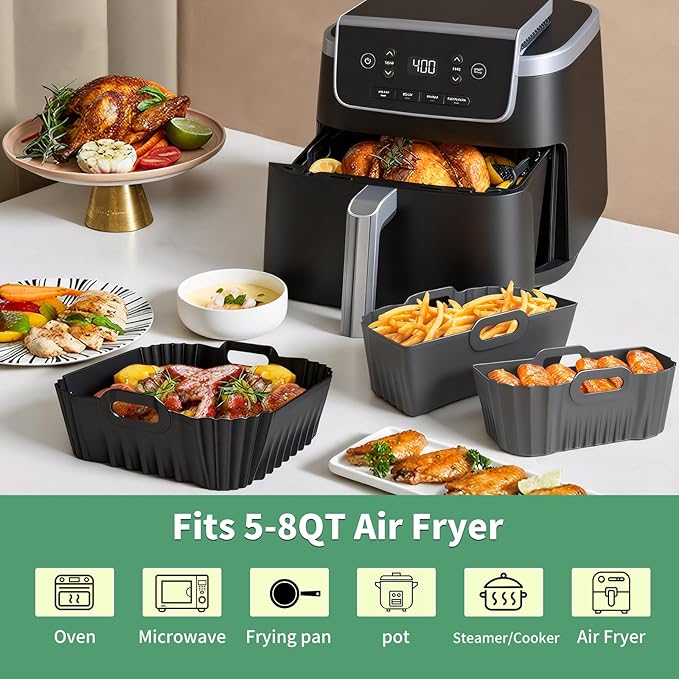 9-Inch Air Fryer Silicone Liners Square for Ninja Air Fryer AF141 AF142 AF181 5-6.5QT, 3 Pack Reusable Silicone Pot Baking Accessories for Cosori 6QT, Instant, Chefman 5QT to 8QT AirFryer