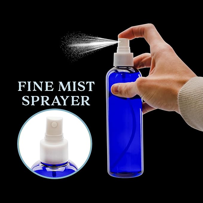 Cornucopia Brands 8oz Blue Plastic Spray Bottles with White Fine Mist Atomizers (Pack of 6) for DIY Home Cleaning, Aromatherapy, Beauty Care