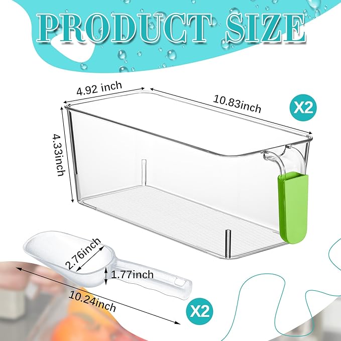 Havawish Ice Storage Bin and Flexible Scoop Set Plastic Freezer Bin with Pull Out Handle Storage Bucket Clear for Container with Scoop(Green,10.83 x 4.92 x 4.33 in,Classic)