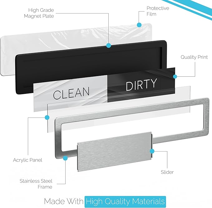 Stainless Steel Dishwasher Magnet Clean Dirty Sign, Premium Clean Dirty Magnet for Dishwasher with a Protective Backing & Adhesives, Kitchen Gadgets Decor, Black White Dirty Clean Dishwasher Magnet