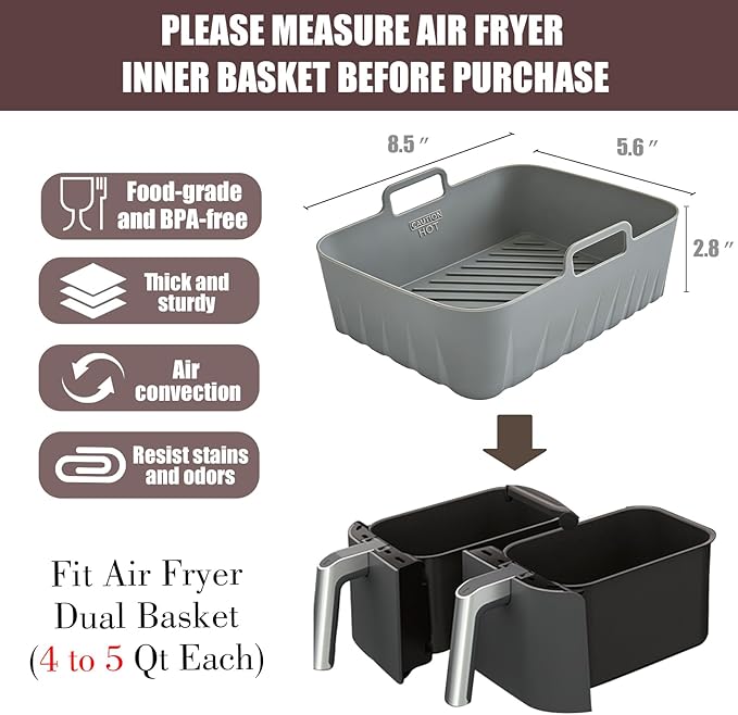 Golden Associate Silicone Liners Rectangle 2 Pcs for Air Fryer Dual Basket 8 to 10 Qt, Food-grade Reusable Baking Tray Fit Ninja DZ201 DZ401 DZ550, 4 to 5 Qt Each, Double Zone Airfryer Accessories
