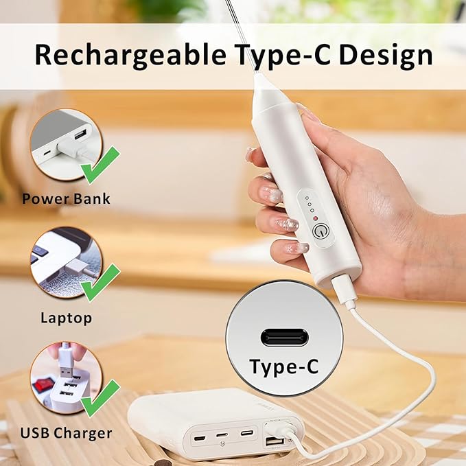 Rechargeable Milk Frother Handheld, USB-C Coffee Foam Maker with Stainless Steel Whisk ＆ 3 Speeds, Coffee Frother Electric Hand Drink Mixer Stirrer for Matcha, Hot Chocolate,Frappe, Mom's Gift (White)
