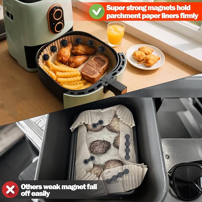 Juome Air Fryer Magnets for Parchment Paper, 9PCS Silicone Magnetic Buckle for Air Fryer Liners, Air Fryer Accessories Safely Lock Air Fryer Liner Disposable to Prevent Burning (Black)