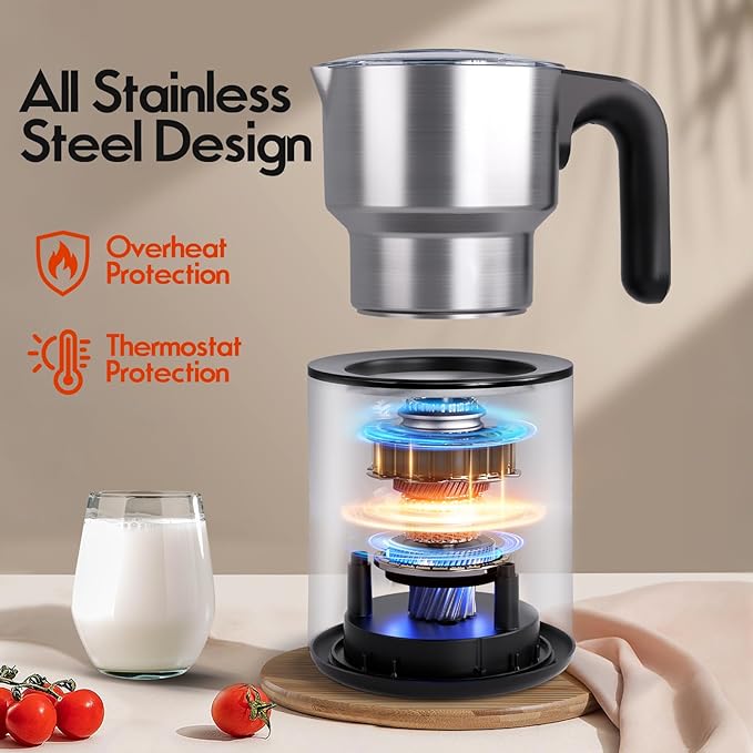 PULZO 5 IN 1 Milk Frother and Steamer, Electric Frother with Detachable Stainless Steel Jug, 17 OZ Hot & Cold Foam Maker for Coffee, Latte, Cappuccino, Hot Chocolate, Silent Operation, BPA