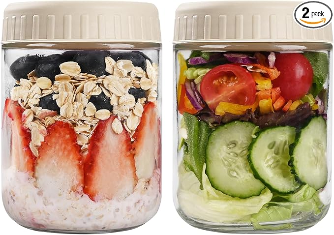 SHOWIN Overnight Oats Containers with Lids, 16oz Glass Jars with Lids 2 pcs, Apricot, Wide Mouth Mason jars for Salad, Yogurt, Snacks, Meal Prep