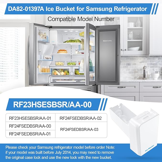 Upgraded RF24FSEDBSR RF23HSESBSR Ice Maker DA82-01397A Ice Bucket Compatible with Samsung Ice Maker Replacement DA97-13717A Refrigerator Ice Tray Ice Container Ice Bin PS11717778 Samsung Ice Bucket