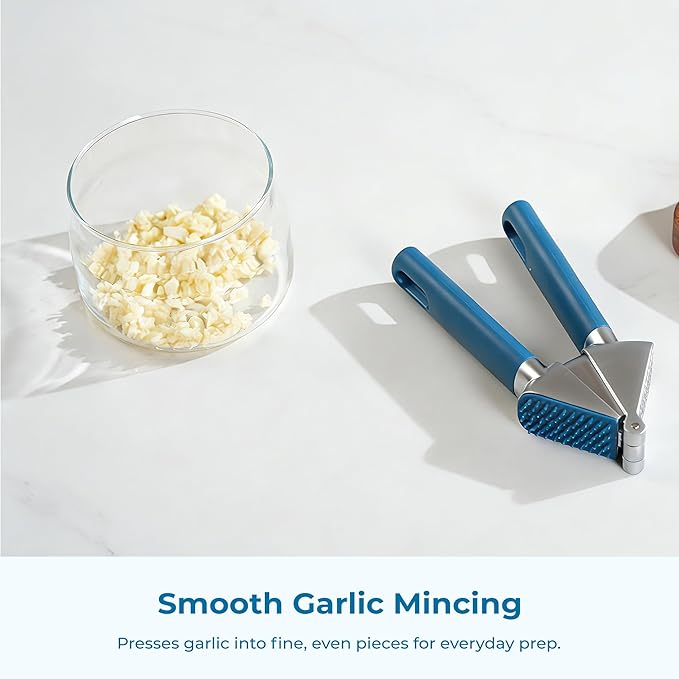 OOU Garlic Press, Stainless Steel Garlic Mincer with Premium Zinc Alloy Construction, Easy-Squeeze Ergonomic TPE Non-Slip Grip Handles, Reverse Cleaning Bumps and Dishwasher Safe Design, Blue