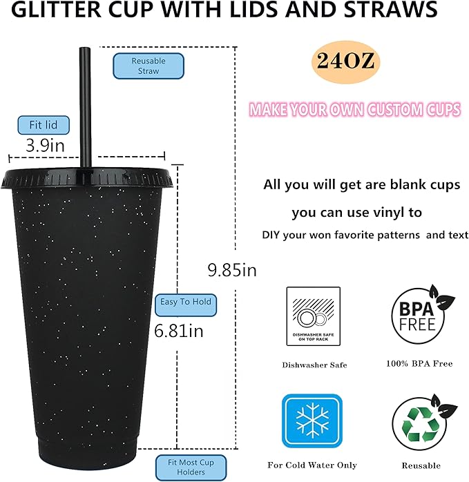 Suertestarry Tumbler with Straw and Lid,Water Bottle Iced Coffee Travel Mug Cup,Reusable Plastic Cups,Perfect for Parties,Birthdays… (Black Glitter, 10 pack)
