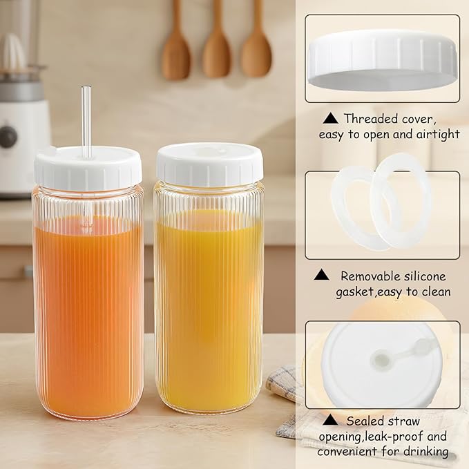 Ruckae 16oz Juice Bottles,Ribbed Glass Juicing Bottles with Lids,Smoothie Cup Lids and Straws,Water Bottle Mason Jar Drinking Glasses for Juicing,Smoothies,Kombucha (Clear-10 pack)