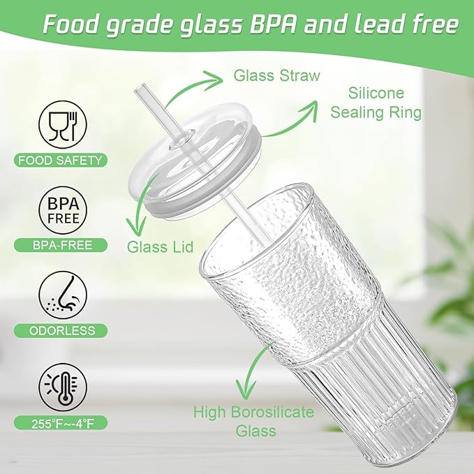 Luiaiog Glass Cups with Lids and Glass Straws, High Borosilicate 20OZ Tumblers (4Pcs) for Coffee, Tea, Juice, Smoothies, Hot/Cold Drinks at Home, Office