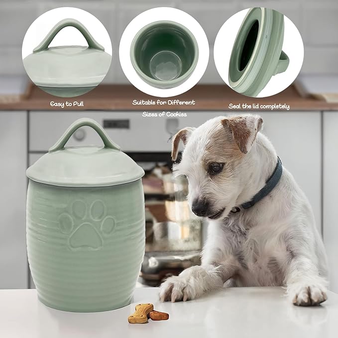 Large Dog Treat Container Airtight, Cute Dog Treat Jar with Lids,Rustic Dog Treat Storage Container, Ceramic Cat Food Jars for Kitchen Counter, Green