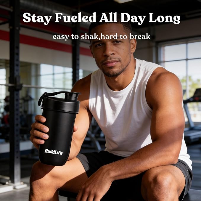 BuildLife Protein Shaker Bottle, 20oz Tritan Shaker Cup with Silent Mixing Grid – Lump Free Shakes 600ML for Pre Workout Protein & Smoothies, BPA-Free Leakproof Dishwasher Safe (Black)