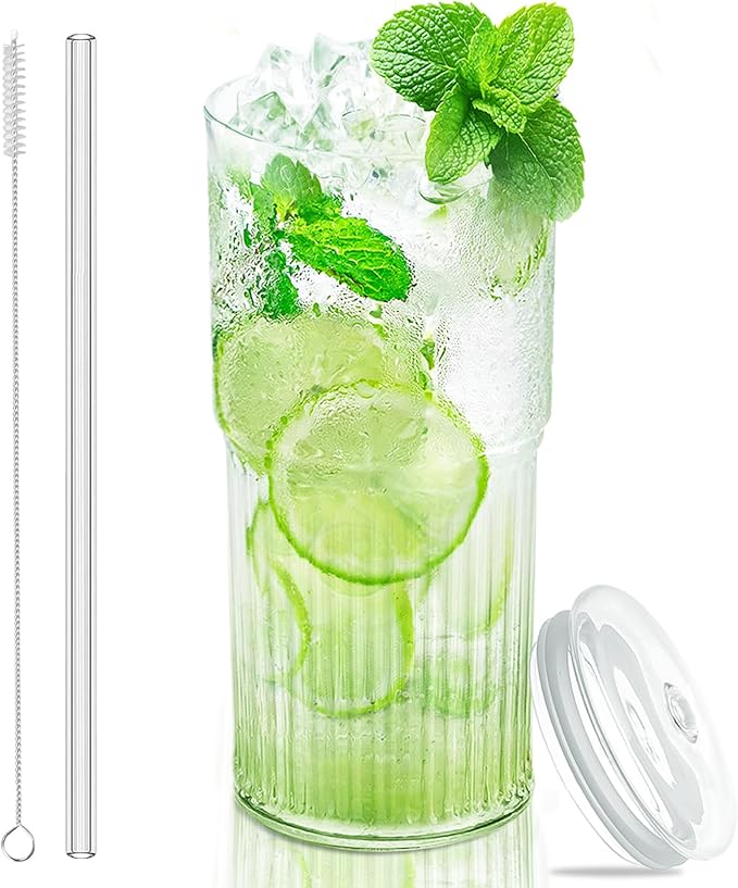 Luiaiog Glass Cups with Lids and Glass Straws, High Borosilicate 20OZ Tumblers for Coffee, Tea, Juice, Smoothies, Hot/Cold Drinks at Home, Office