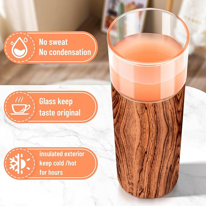 Tronco 20 oz Vacuum Insulated Glass Tumbler with Lid and Straw - Keeps Drinks Cold for 12 Hrs - Reusable Glass Cup for Iced Coffee, Smoothies & Boba - Sweat & BPA Free, Dishwasher Safe, Fit Car Holder