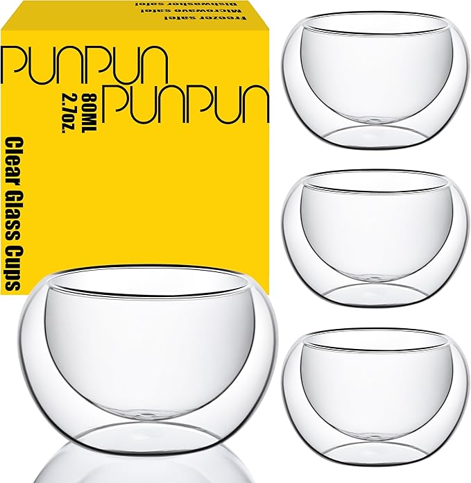 PunPun 2.7oz. 80ml Double Wall Borosilicate Glass Tea Cups Espresso Cups Heatproof Insulating Teacups glass Set of 4