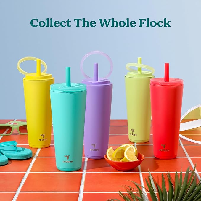 REDUCE Halo 32 oz Stainless Steel Vacuum Insulated Tumbler - Spill Proof Travel Mug with Flip Handle Lid - Keeps Drinks Cold for 32 Hrs - Dishwasher Safe - Cupholder Friendly - Pina Colada