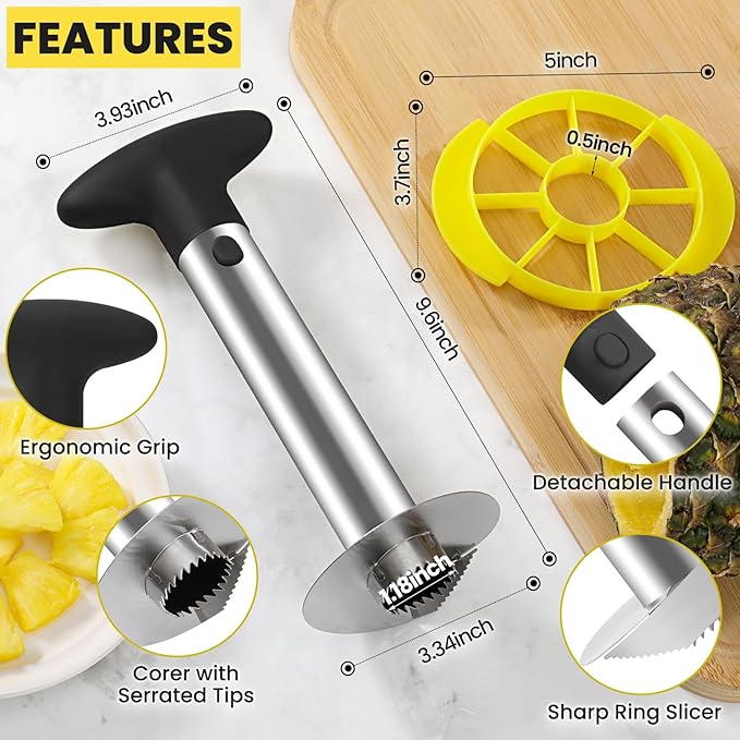 CUNSENR Premium Pineapple Corer and Slicer Tool - Pineapple Cutter with Sharp Serrated Tips - Easy to Use & Clean - Stainless Steel Core Remover for Pineapple - Slice and Core Fruits with Ease(Black)