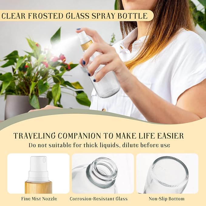 4-Pack 4 Oz Glass Spray Bottle with Bamboo Lid,Empty Refillable Fine Mist Atomizer,Leak-Proof Travel Liquid Holder Container for Cologne,Essential Oils,Room Sprays,Cleaning Solutions (Clear)