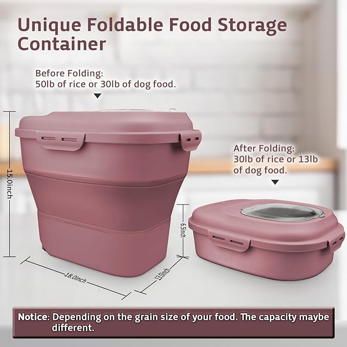 Komzon Rice Storage Bin Cereal Containers, 13-50lb Collapsible Rice Container Dispenser with Transparent Lid, Rolling Wheels, Measuring Cup and Scoop, Airtight Dog Cat Pet Food Storage Container Pink