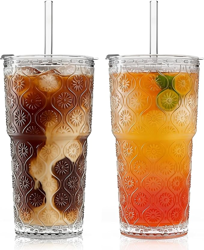 INSETLAN 20oz Begonia Flower Glass Tumbler Set of 2 – Thickened Glass Cups with Lids and Glass Straws for Iced Coffee, Smoothies, Milk, Water, and More – Elegant& Durable Drinkware