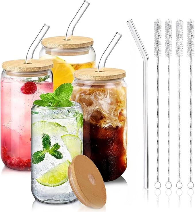 Glass Cups with Lids and Straws Set of 4 – Aesthetic Iced Coffee Tumblers Gift for Women, Friends, or Couples – Reusable Drinkware for Home Kitchen and Everyday Use