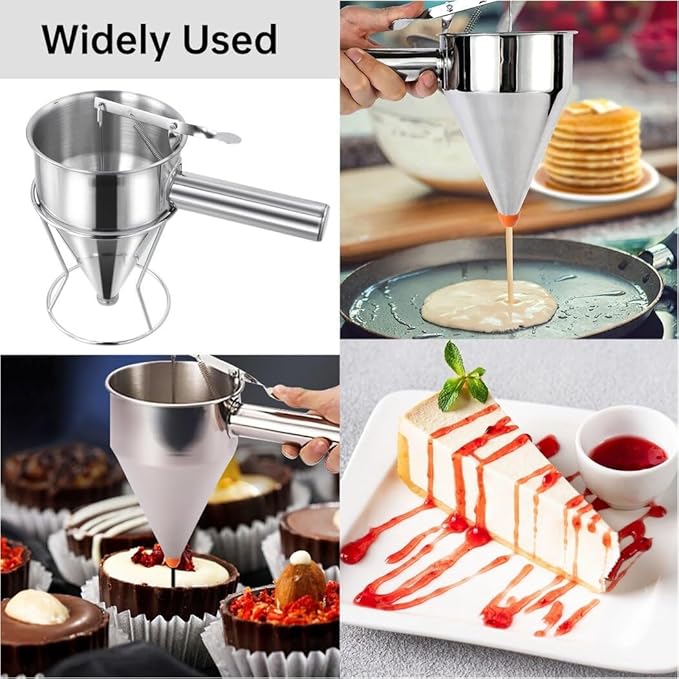 Stainless Steel Pancake Batter Dispenser 40oz Funnel Cake Dispenser with Stand Multi-Caliber for Baking Cupcakes Muffins Crepes or Any Baked Goods