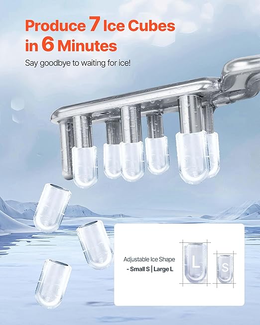 VEVOR Countertop Ice Maker, 7 Cubes Ready in 6 Mins, 26 lbs per Day, Self-Cleaning Portable Machine with Ice Scoop, Ice-Making Machine with 2 Sizes Bullet ICES for Home, Kitchen, Office, Bar & Party