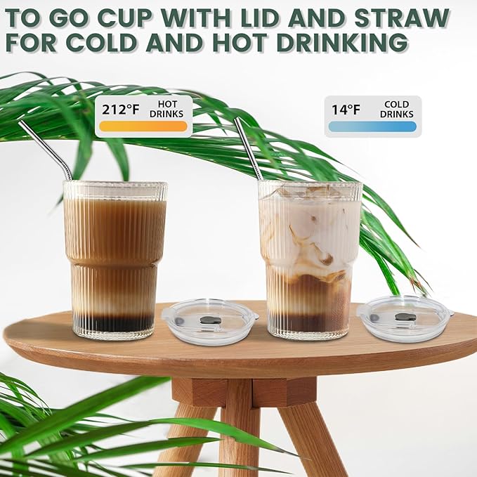 HIGIINC Iced Coffee Cups With Lids and Straws 2 Pcs, 16 OZ Unbreakable Glasses Drinking Set,Clear Plastic Cups Reusable Iced Coffee Tumbler with Lid and Straw, To Go Coffee Cups Dishwasher Safe