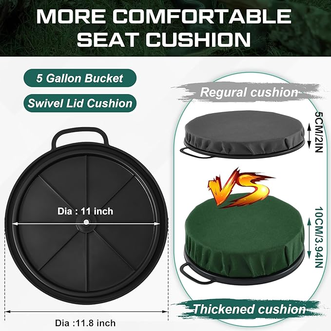 Reallnaive 2 Pcs 5 Gallon Bucket Seat Lid with 3.94" Thick Foam Cushion,360° Swivel Bucket Lid Seat for Hunting Ice Fishing Gardening Camping, Black & Green