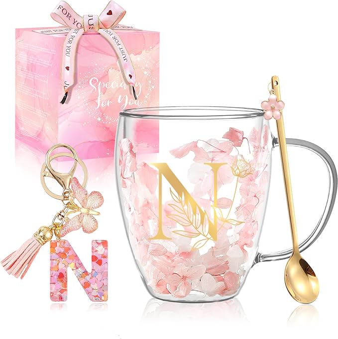 Personalized Gifts for Women Flower Glass Coffee Mug Initial Tea Cup Monogrammed Customized Bridesmaid Bride Wedding Gifts Graduation Gifts Valentine Mother's Day Birthday Christmas Gift (N)