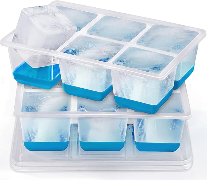 Ice Cube Trays 2 Pack, JRISBO Large Silicone Ice Cube Molds with Leak-Proof Lid, TPE Frame & Easy Release Bottom, Stackable Freezer Ice Trays for Whiskey, Cocktails, Soup, BPA Free (Blue)