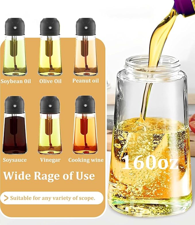 Oil Sprayer for Cooking 2 in 1 Olive Dispenser Bottle 16oz/470ml Kitchen Gadgets for Air Fryer, Salad, BBQ - Glass Mister Spray -Transparent Black