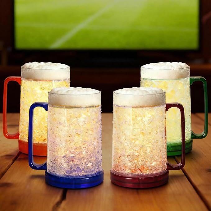 Lily's Home Freezer Beer Mugs, Set of 4-16oz Double Wall Gel-Filled Acrylic Frosty Stein, Break-Resistant with Color-Coded Handles for Home Bar, Pool Parties, BBQ & Outdoor Gifts